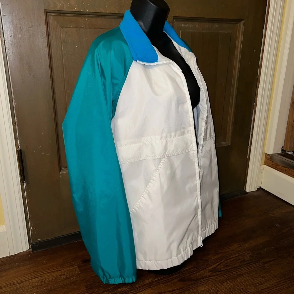 Vintage 90s White Retro Colorblock Blue Windbreaker Bomber Zip Up Jacket Size M - Picture 5 of 14